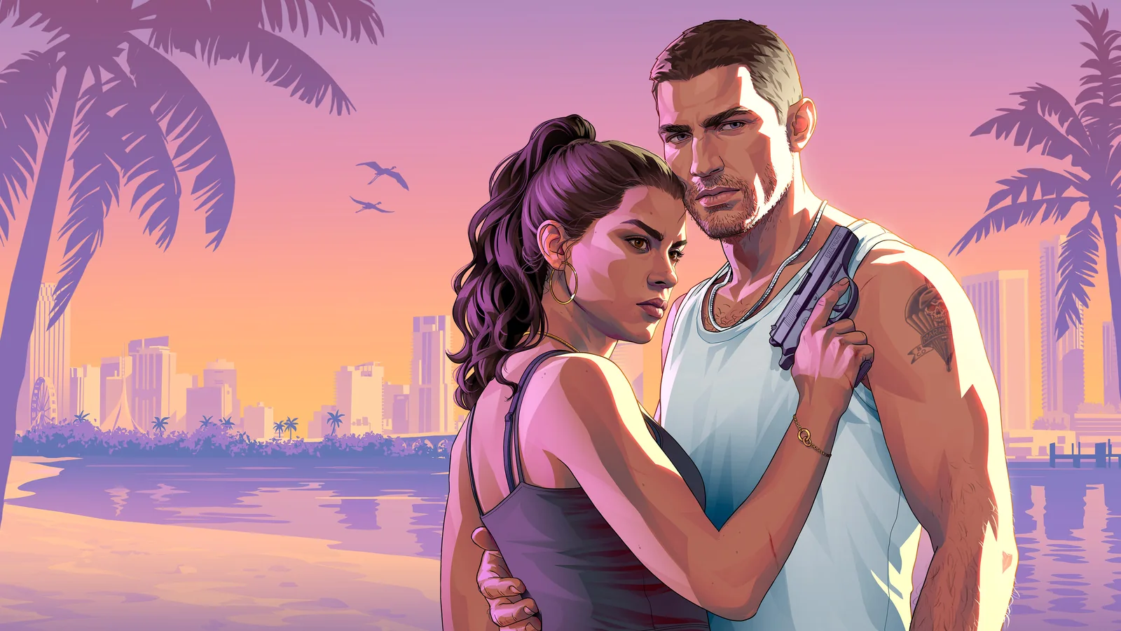 Jason and Lucia embracing on a Vice City beach at sunset in GTA 6 key art