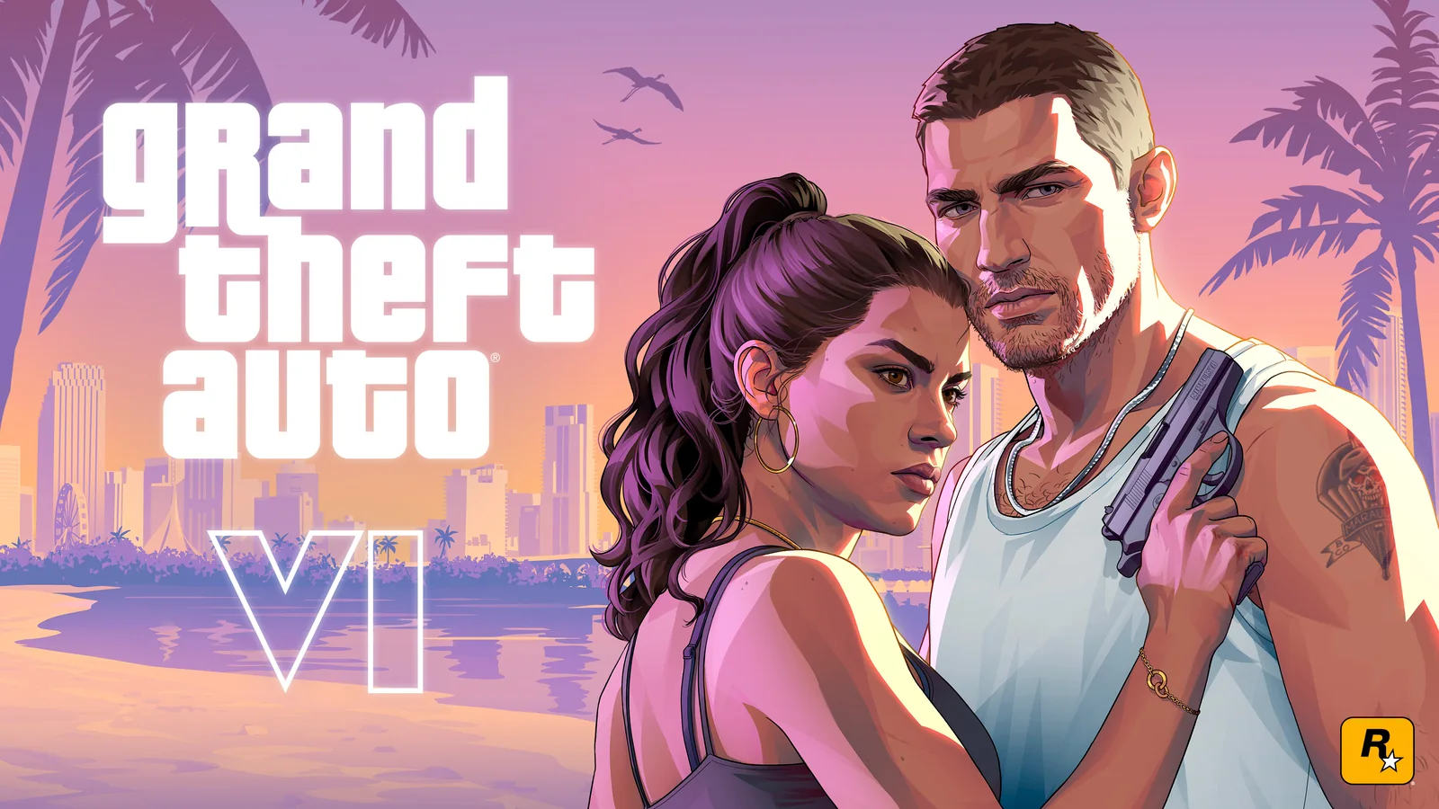 Grand Theft Auto VI key art of Jason and Lucia on a Vice City beach with the GTA VI logo