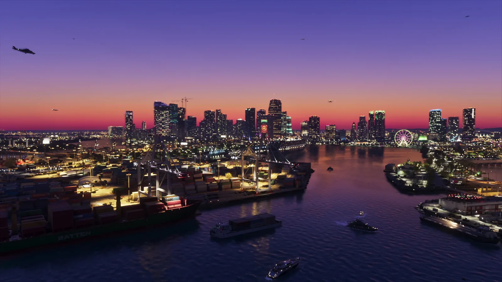 Downtown Vice City skyline at dusk with a busy harbor in GTA 6