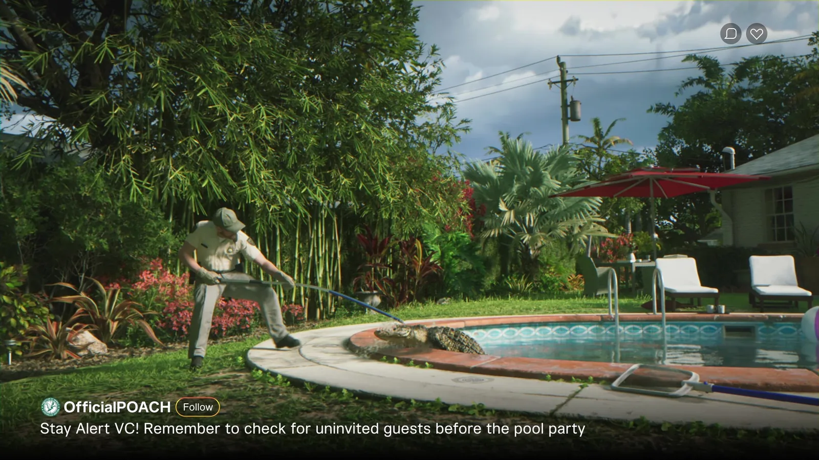 Grand Theft Auto VI screenshot of a Vice City backyard with a wildlife officer approaching an alligator by a pool