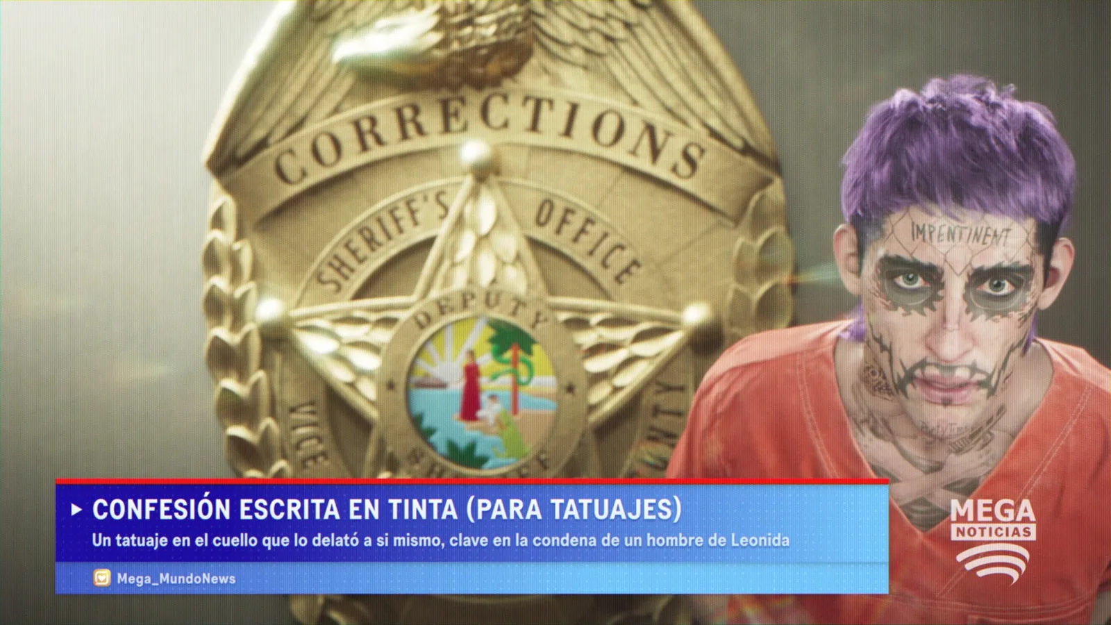 Grand Theft Auto VI news bumper showing a Vice County corrections badge and an inmate with face tattoos
