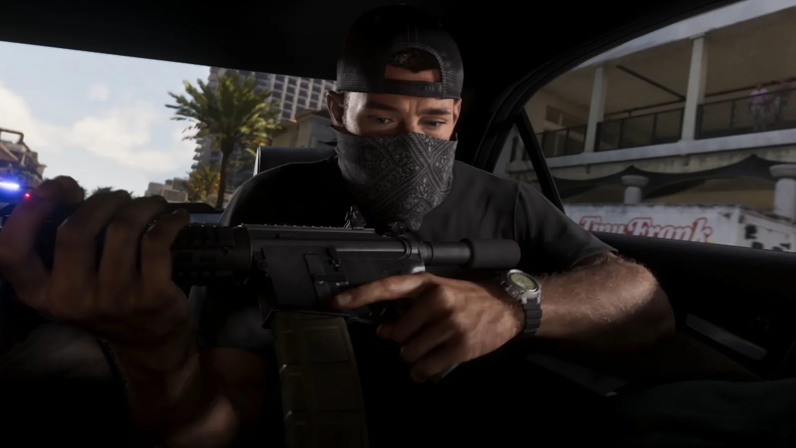 A masked shooter aims the Duke 556 assault rifle from a car window in GTA 6.