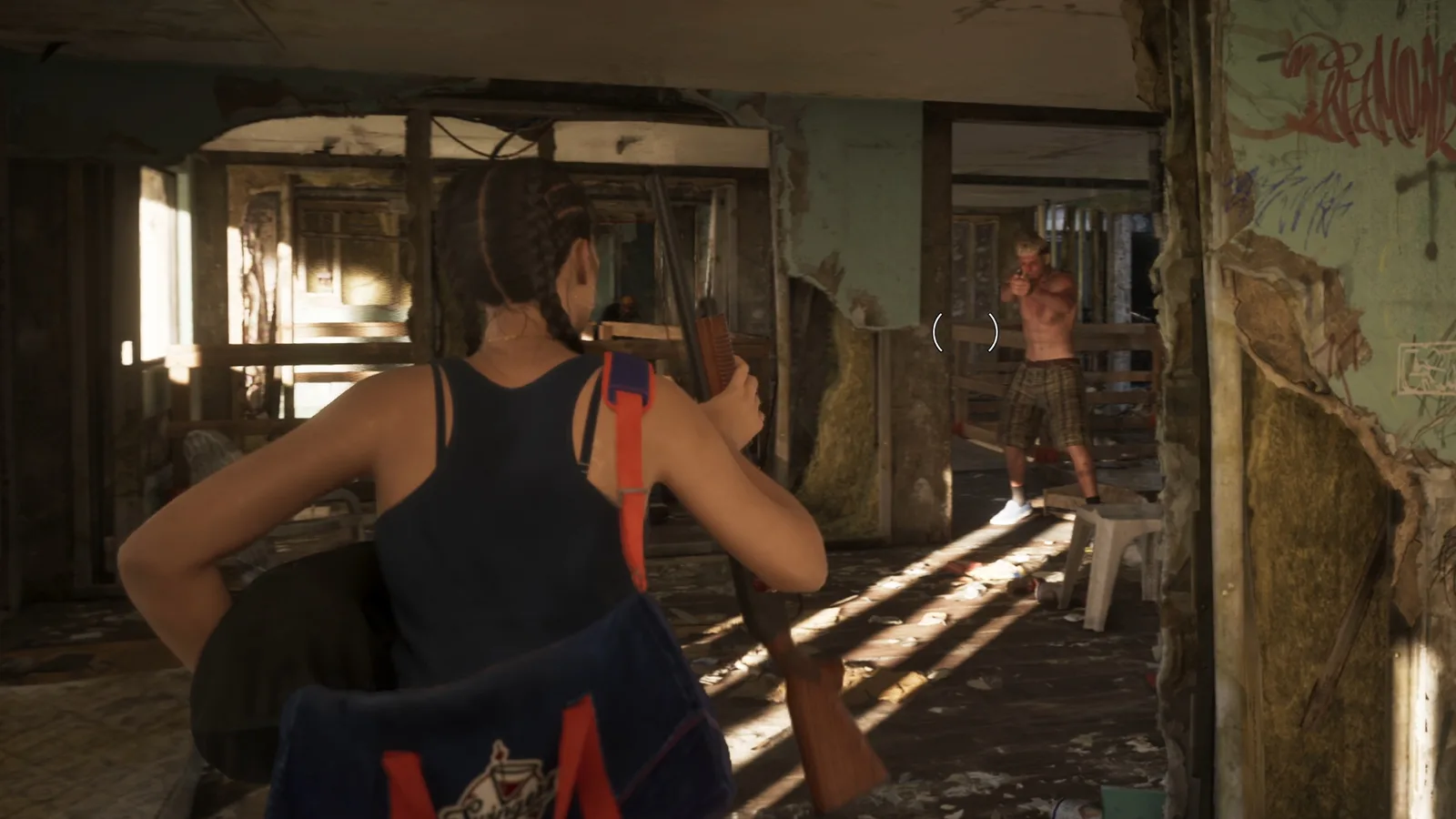 The Moreland 850 shotgun slung across a character’s back in a derelict building in GTA 6.