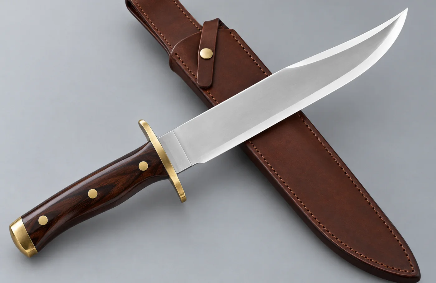 Clip-point Bowie hunting knife with a hardwood handle beside its leather sheath, the pattern the GTA 6 Hunting Knife matches.