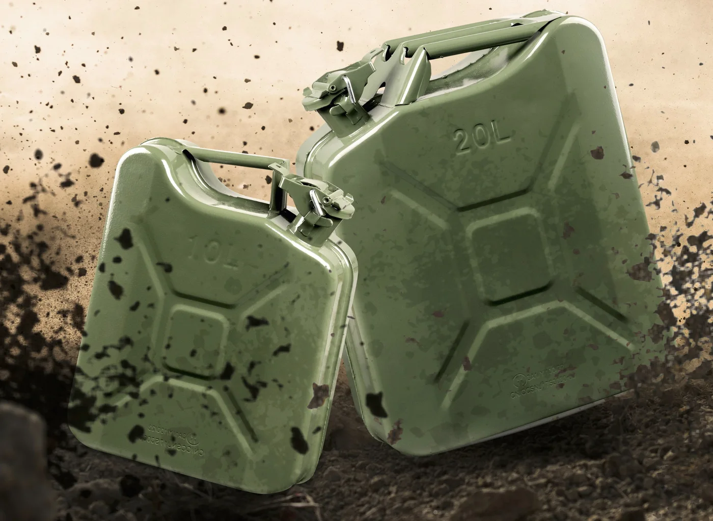 Two olive-green 20-litre steel jerry cans kicking up dust, the real-world basis for the GTA 6 Jerry Can.